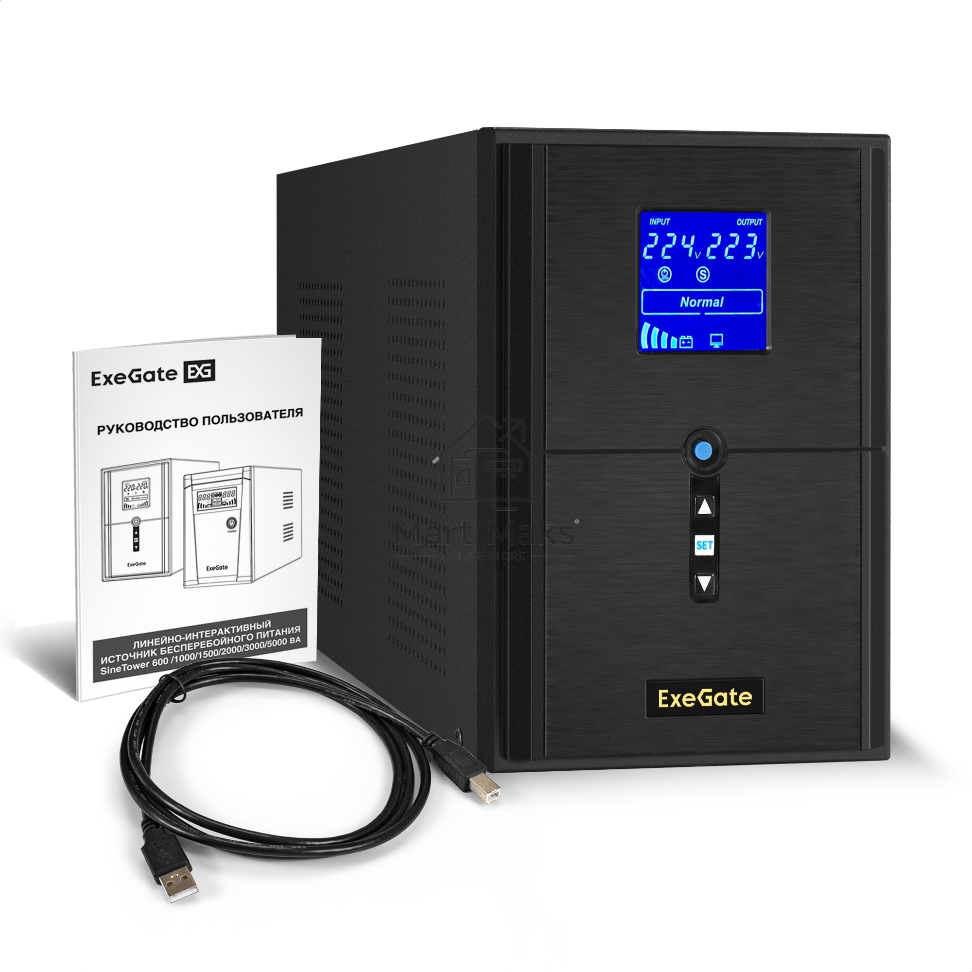 Источник бесперебойного питания (инвертор, синус, для котла) ExeGate SineTower SN-2000.LCD.AVR.3SH.1C13.RJ.USB 2000VA/1600W, чистая синусоида, LCD дисплей, AVR, 3*Schuko+1*C13, RJ45/11, USB, линейно-интерактивный, черный