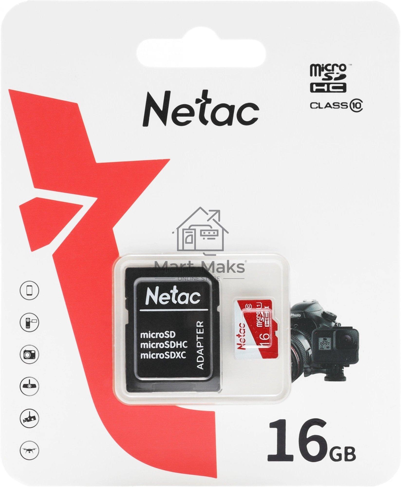 Карта памяти Netac P500 ECO 16GB MicroSDHC C10 up to 80MB/s, retail pack with SD Adapter