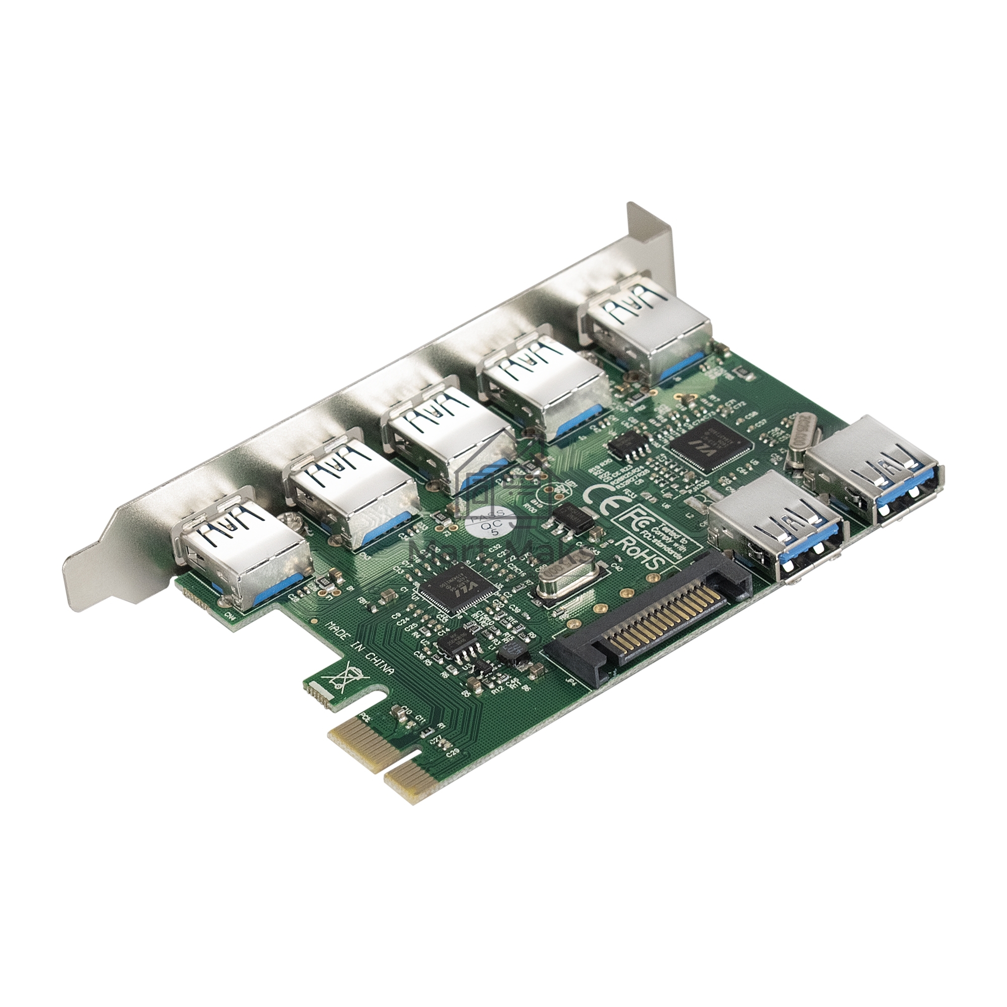Контроллер ExeGate EXE-317 PCI-E 2.0, 5*USB3.0 ext + 2*USB3.0 int, разъем доп.питания (OEM)