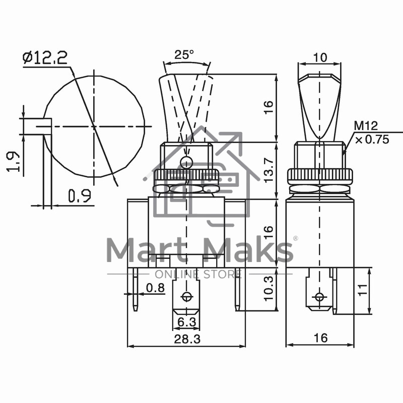 Тумблер 12V 30А (3c) ON-OFF однополюсныйс синей LED подсветкойRexant