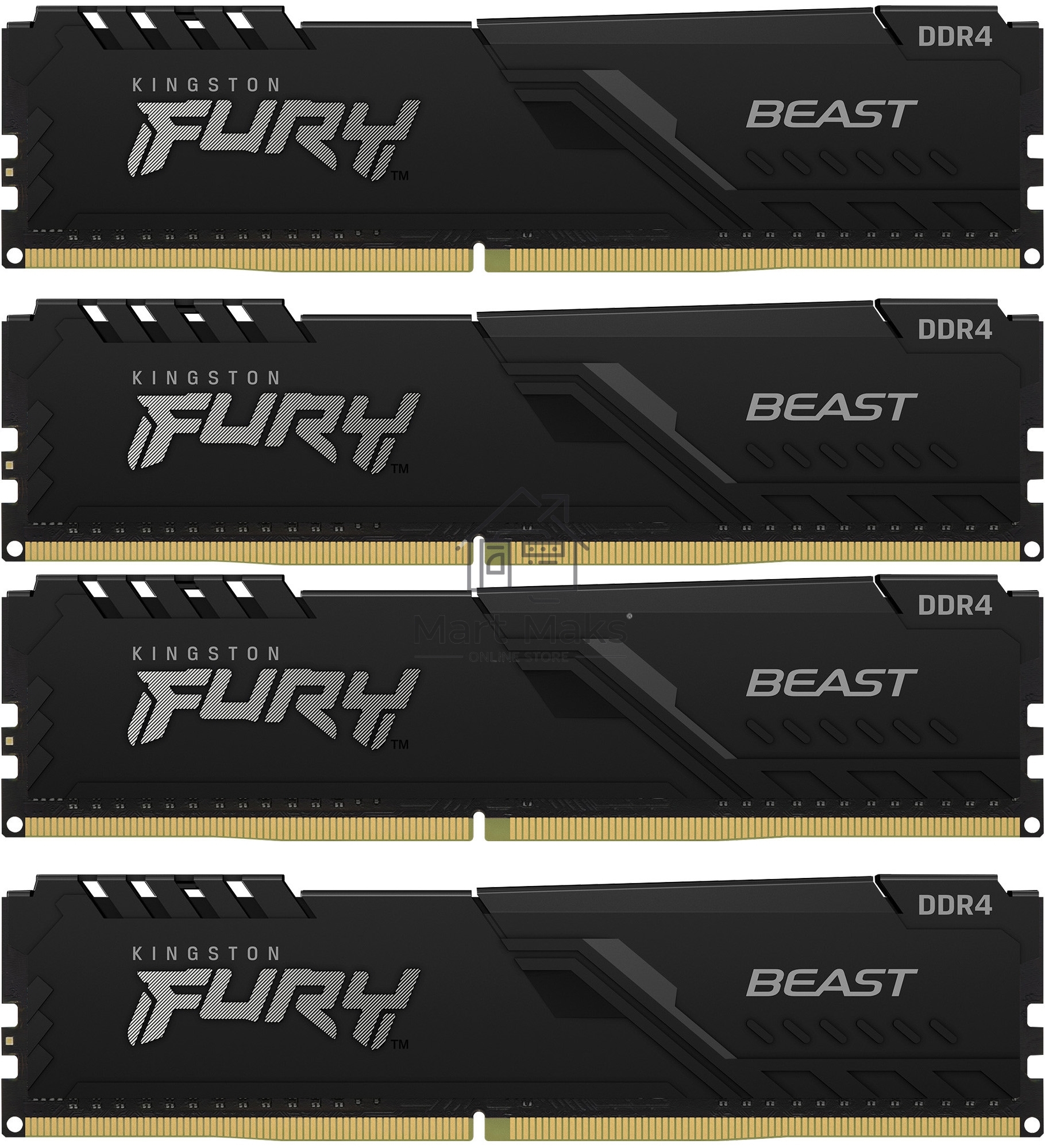 Оперативная память Kingston Fury Beast, DDR4, 64GB (4x16GB), 3200MHz, CL16, DIMM, радиатор, черный