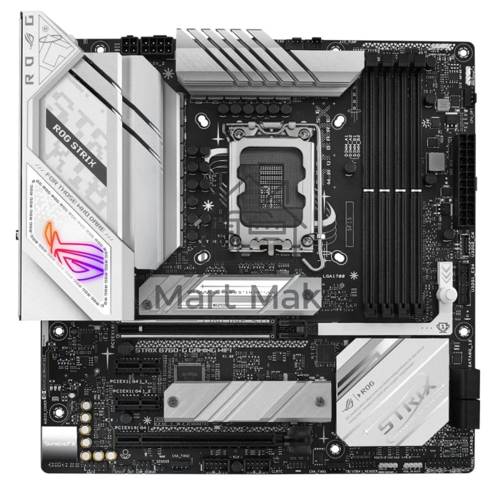 Материнская плата ASUS ROG STRIX B760-G GAMING WIFI, LGA 1700, Intel B760, 4xDDR5, 4xSATA, 2xM.2, 1xPCIe 5.0 x16, 1xPCIe 4.0 x4, 1xHDMI, 1xDP, 1x 2.5Gb LAN, 1xUSB-A 3.2 Gen 2, 2xUSB-A 3.2 Gen 1, 4xUSB-A 2.0, 1xUSB-C 3.2 Gen 1, 1xUSB-C 3.2 Gen 2x2, 5x3.5 м