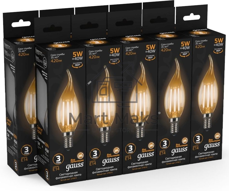 Лампа филам. Gauss Filament 5Вт цок.:E14 свеча 220B 2700K св.свеч.бел.теп. (упак.:10шт) (104801105)
