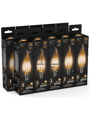 Лампа светодиодная филаментная Gauss Filament 5Вт цок.:E14 свеча 220B 2700K св.свеч.белый теп. (упак.:10шт)