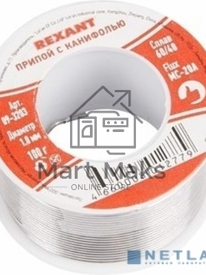 Припой с канифолью Rexant, 1000 г, Ø1.0 мм, (олово 60%, свинец 40%), катушка
