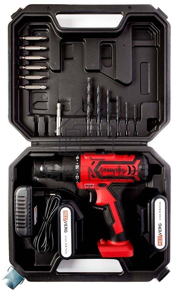 Дрель-шуруповерт RedVerg RD-SD12L/2Y, Аккумуляторная, 12В, Кейс