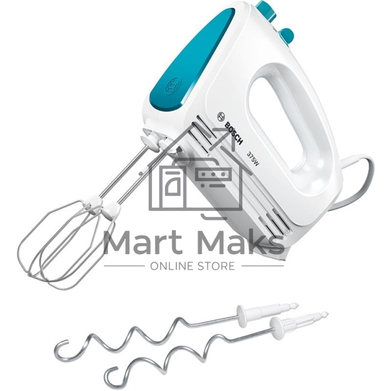 Миксер Bosch MFQ2210D, 375 Вт, белый/ голубой, 4 скорости+ импульс.режим, 2 крюка+ 2 венчика