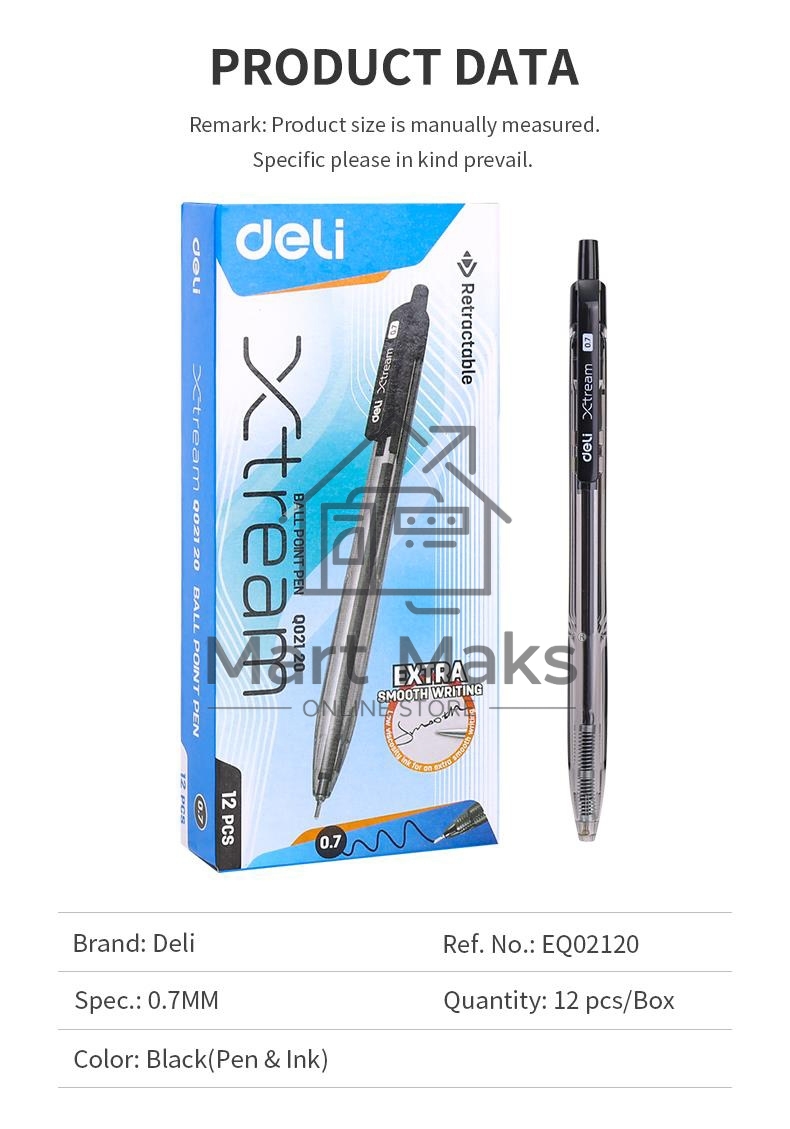 Ручка шариковая автоматическая Deli X-tream EQ02120 черный, d=0.7мм, черные чернила, сменный стержень, линия 0.4мм
