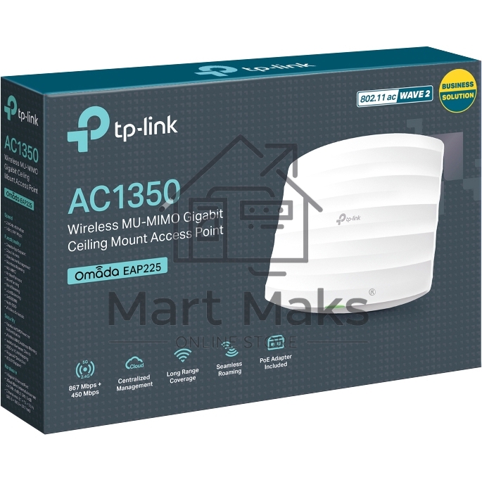 Точка доступа AC1350 Wireless MU-MIMO Gigabit Ceiling Mount Access Point, 450Mbps at 2.4GHz + 867Mbps at 5GHz, 802.11a/b/g/n/ac wave 2, Beamforming, Airtime Fairness, MU-MIMO, 802.3af Standard PoE and Passive PoE (Passive POE Adapter included), no more DC