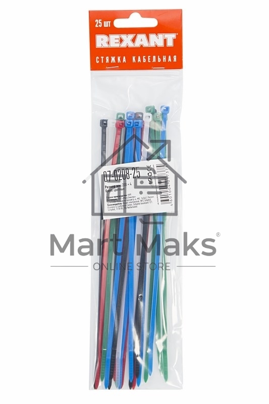 Хомут-стяжкa нeйлонoвая Rexant 200x3,6 мм, цветная, упаковка 25 шт.