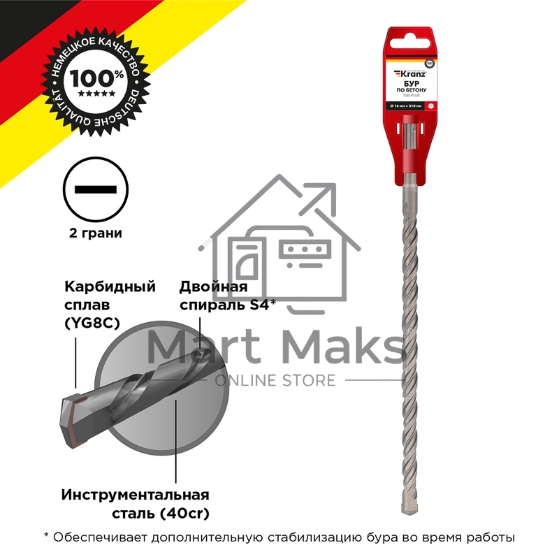 Бур по бетону 16x310x250 мм SDS PLUS Kranz