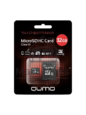 Флеш карта QUMO MicroSDHC 32Gb Сlass 10, адаптер в комплекте SD, черно-красная картонная упаковка