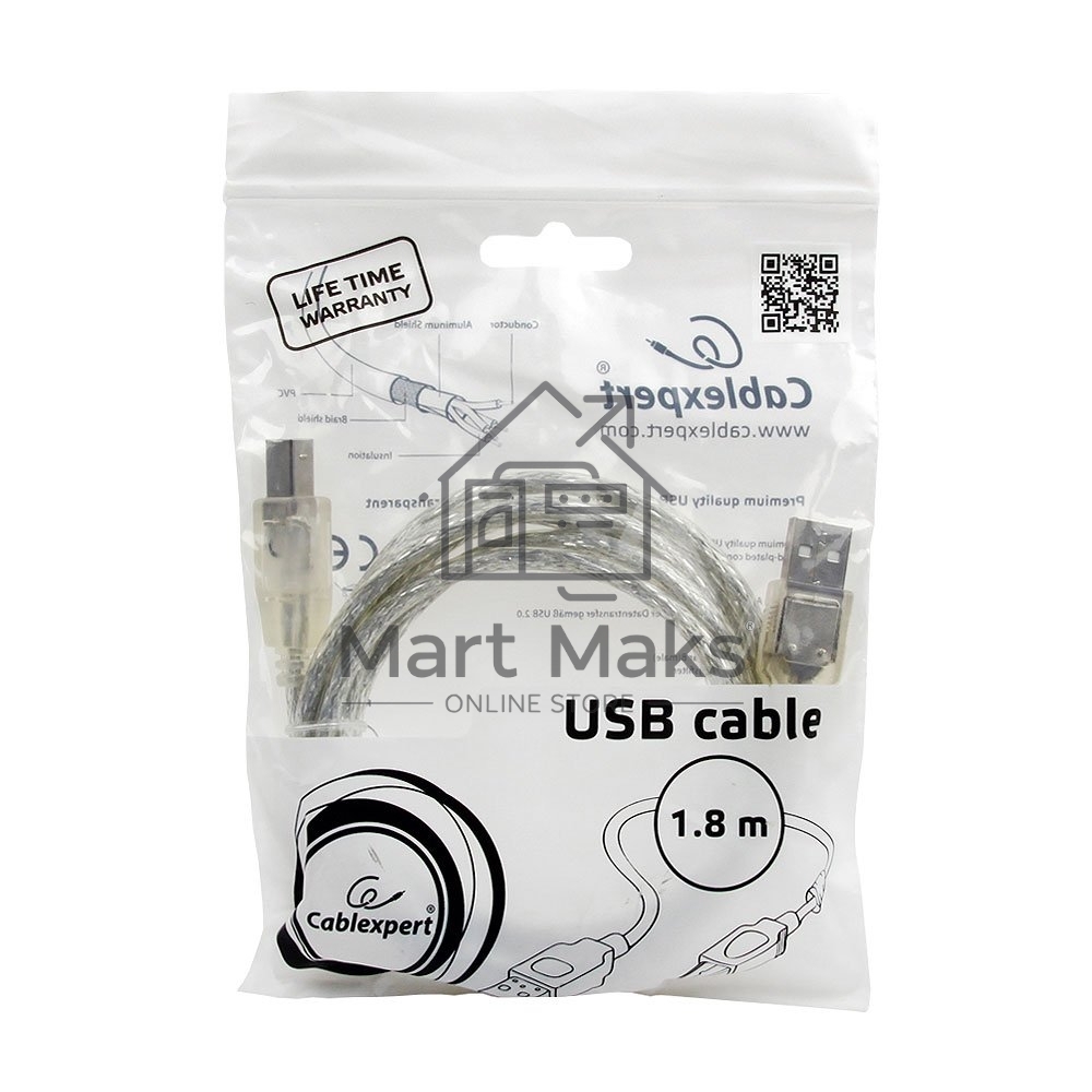 Кабель USB 2.0 Pro Cablexpert CCF-USB2-AMBM-TR-6, AM/BM, 1,8м, экран, феррит.кольца, прозрачный, пакет