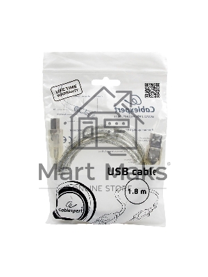 Кабель USB2.0 Pro Cablexpert CCF-USB2-AMBM-TR-6, AM/BM, 1,8м, экран, феррит.кольца, прозрачный, пакет