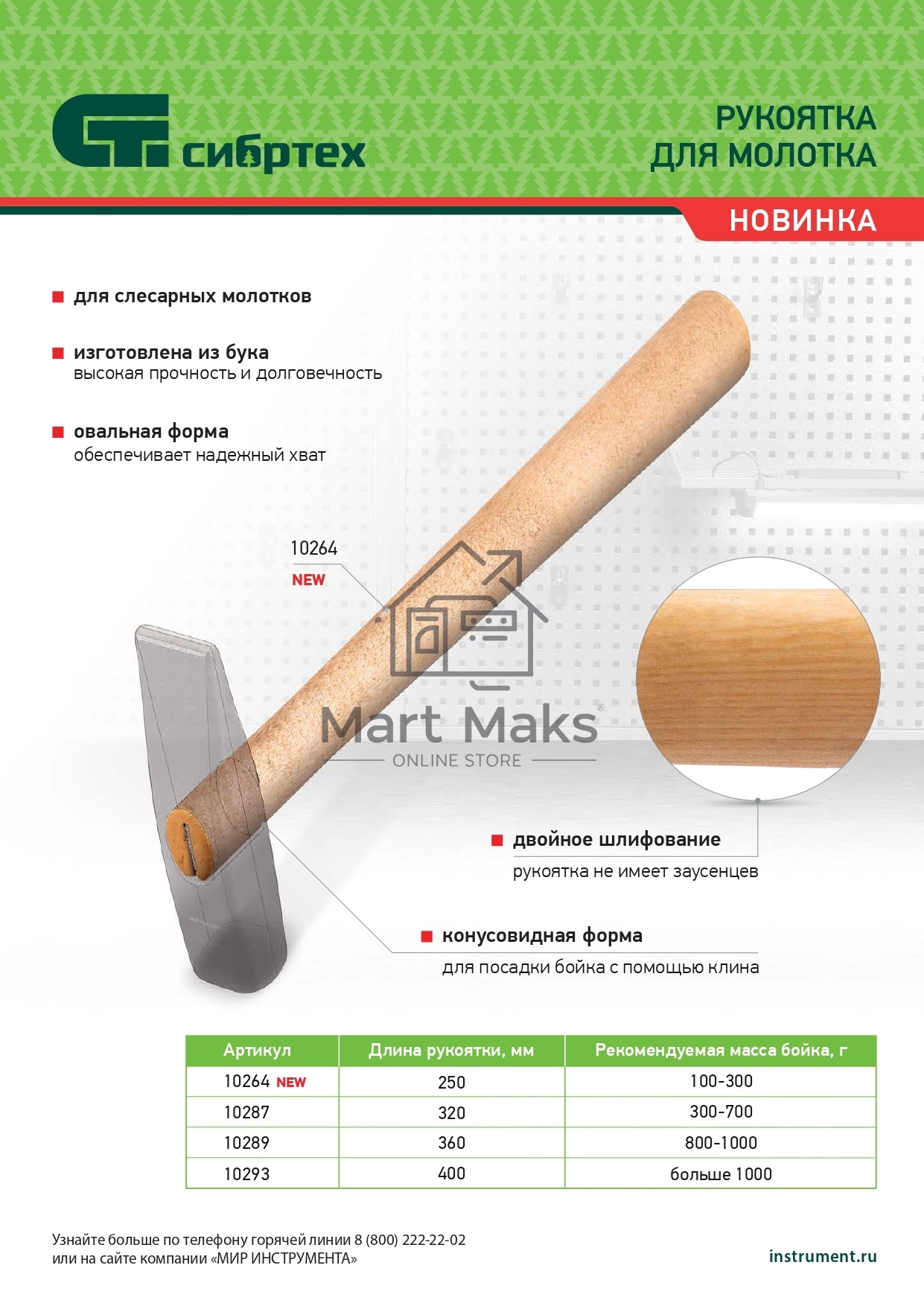 Рукоятка для молотка, шлифованная, БУК, 400 мм Сибртех
