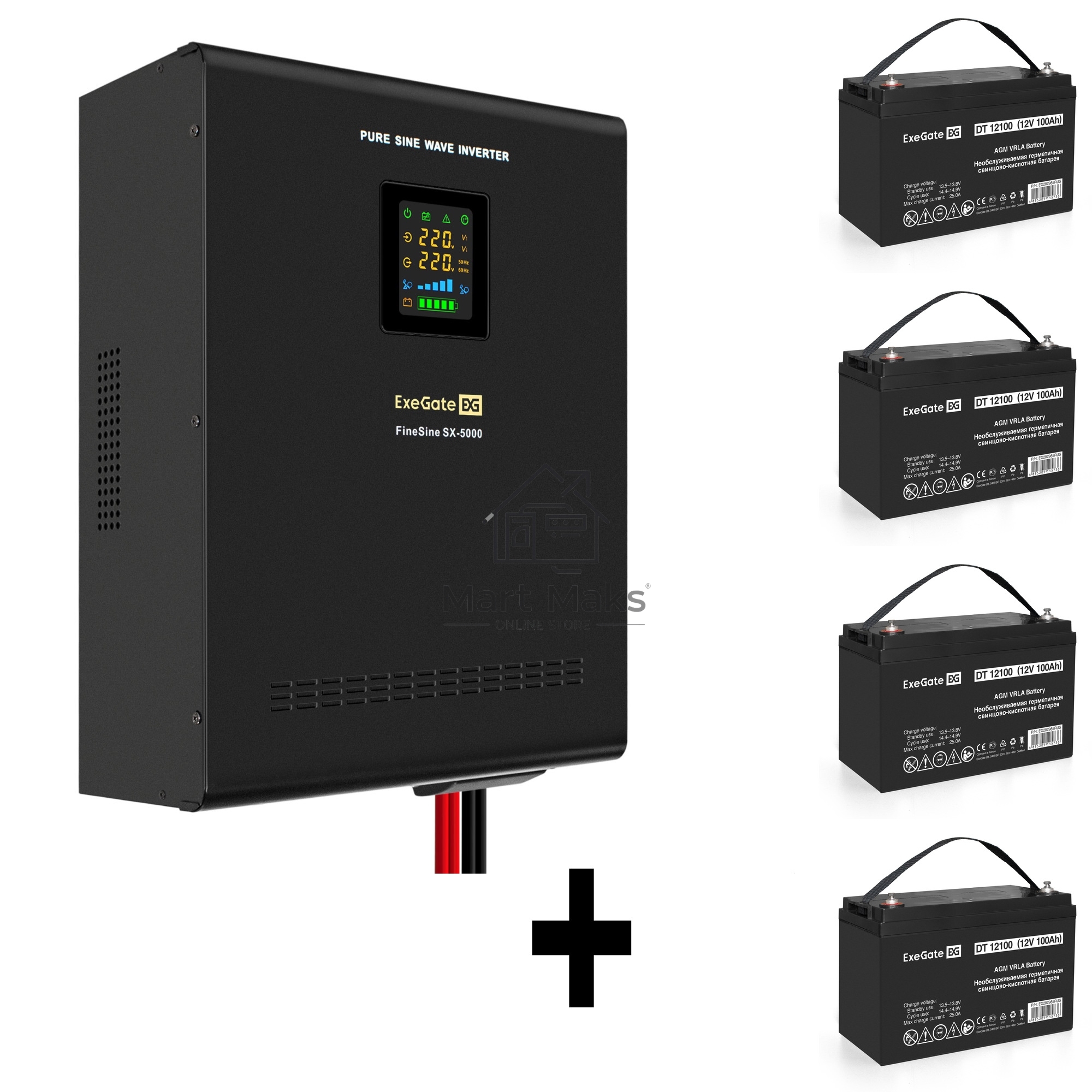 Комплект Источник бесперебойного питания EX296004RUS + батарея 100Aч EX282985RUS 4шт (инвертор, синус, для котла, настенный) ExeGate FineSine SX-5000.LCD.AVR.2SH.T <5000VA/3500W, чистая синусоида, цветной LCD-дисплей, AVR, 2*Schuko+клеммы, линейно-интерак