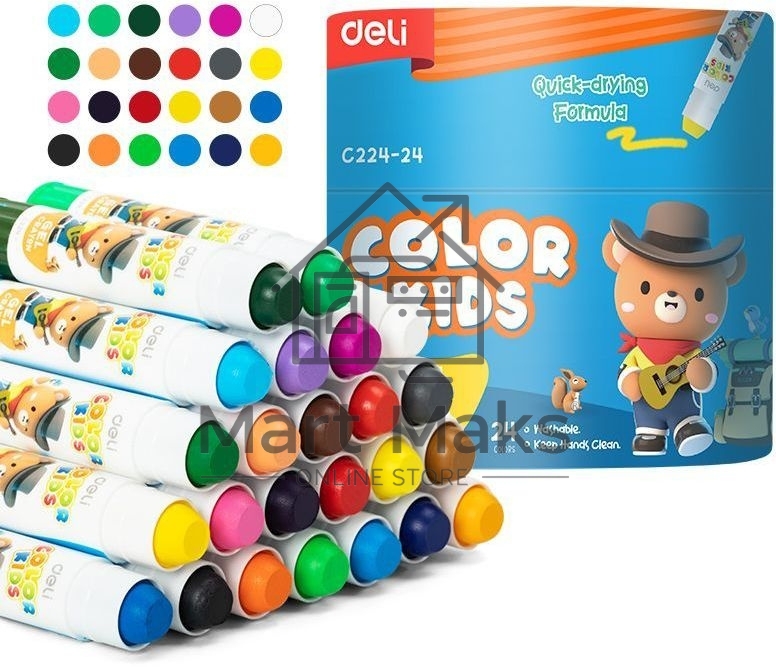 Гелевые мелки Deli EC224-24 Color Kids, круглые, 24 цвета, длина 80мм, диаметр 15мм