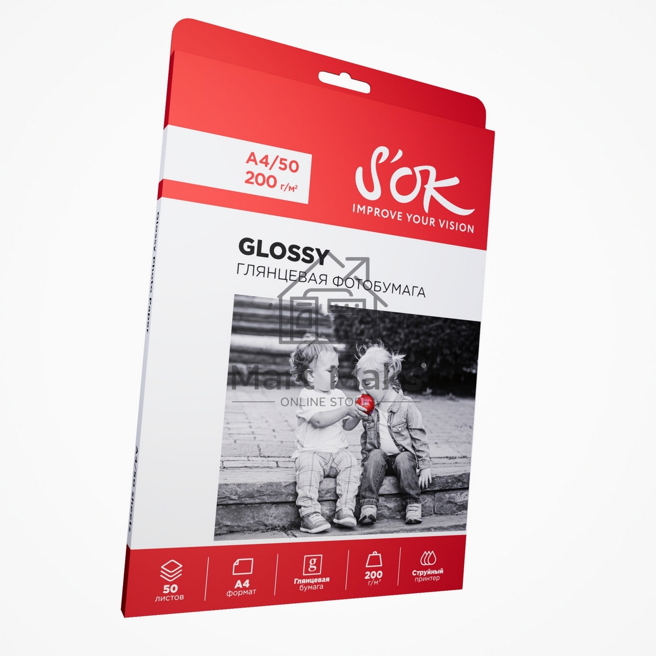 Фотобумага S'OK глянцевая, формат А4, плотность 200г/м2, 50 листов SA4200050G