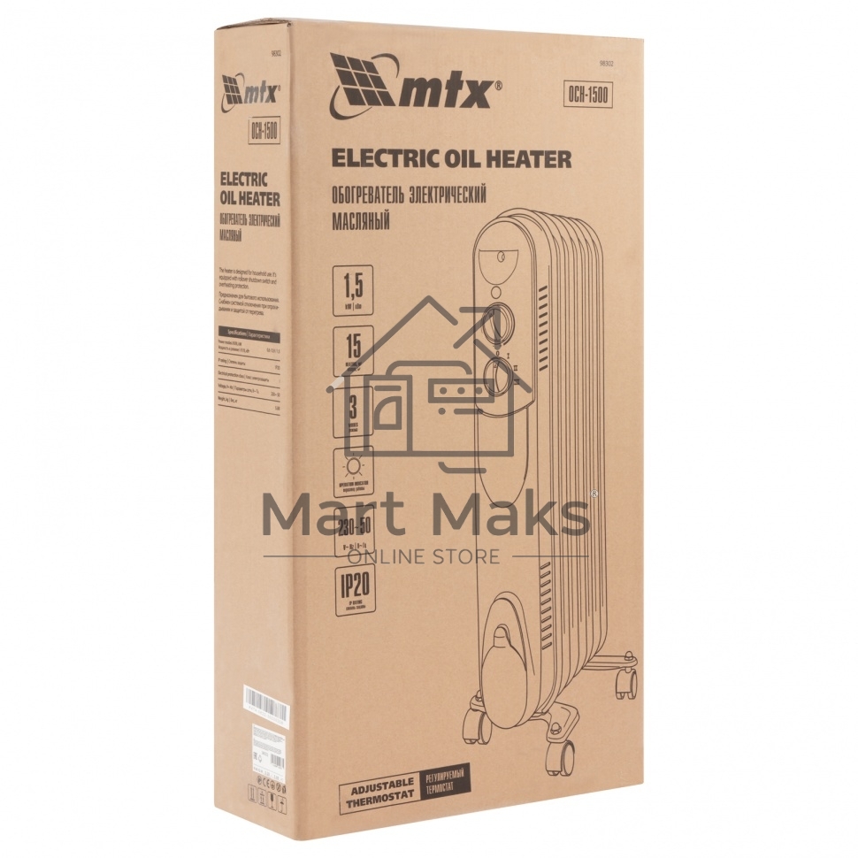 Масляный обогреватель MTX OCH-1500, белый, 1500 Вт, 15 м2, термостат