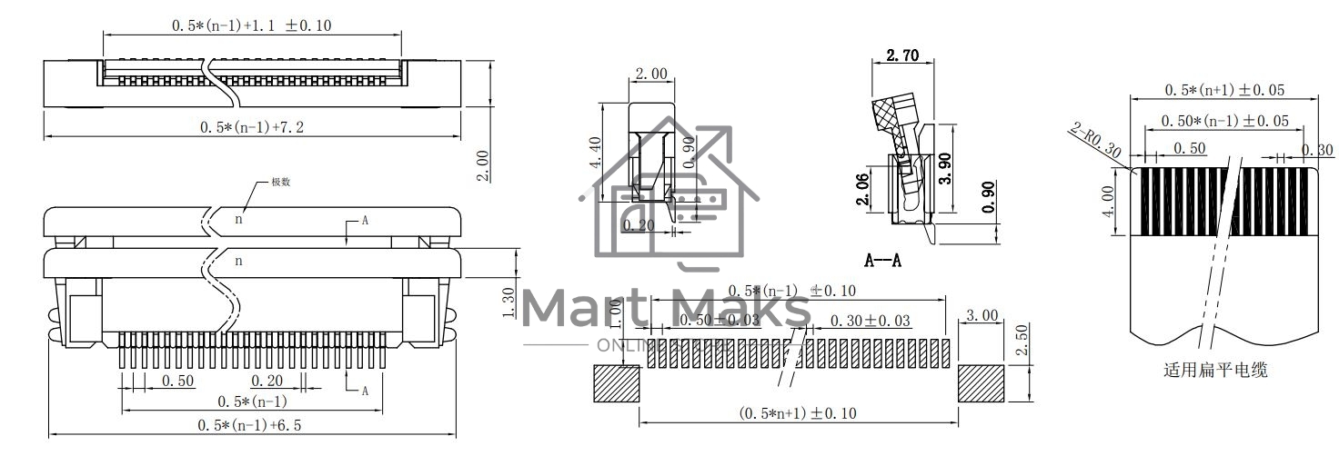 Разъем FPC  Half Coverage Bottom Contact 0.5K-BX-36PWB 36 pin высота 2мм шаг 0,5мм