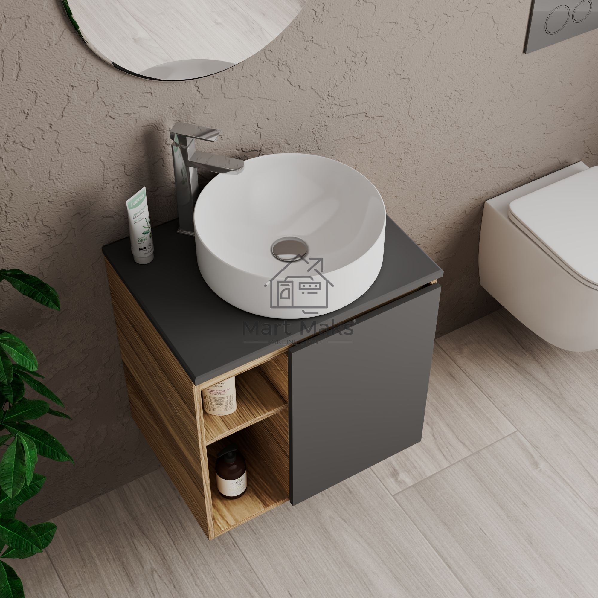 Тумба Bau Dream Blackwood 60 правая, графит, раковина BAU Dream круглая D41, смеситель для раковины высокий Hotel Still, нержавеющая сталь, выпуск клик клак, хром