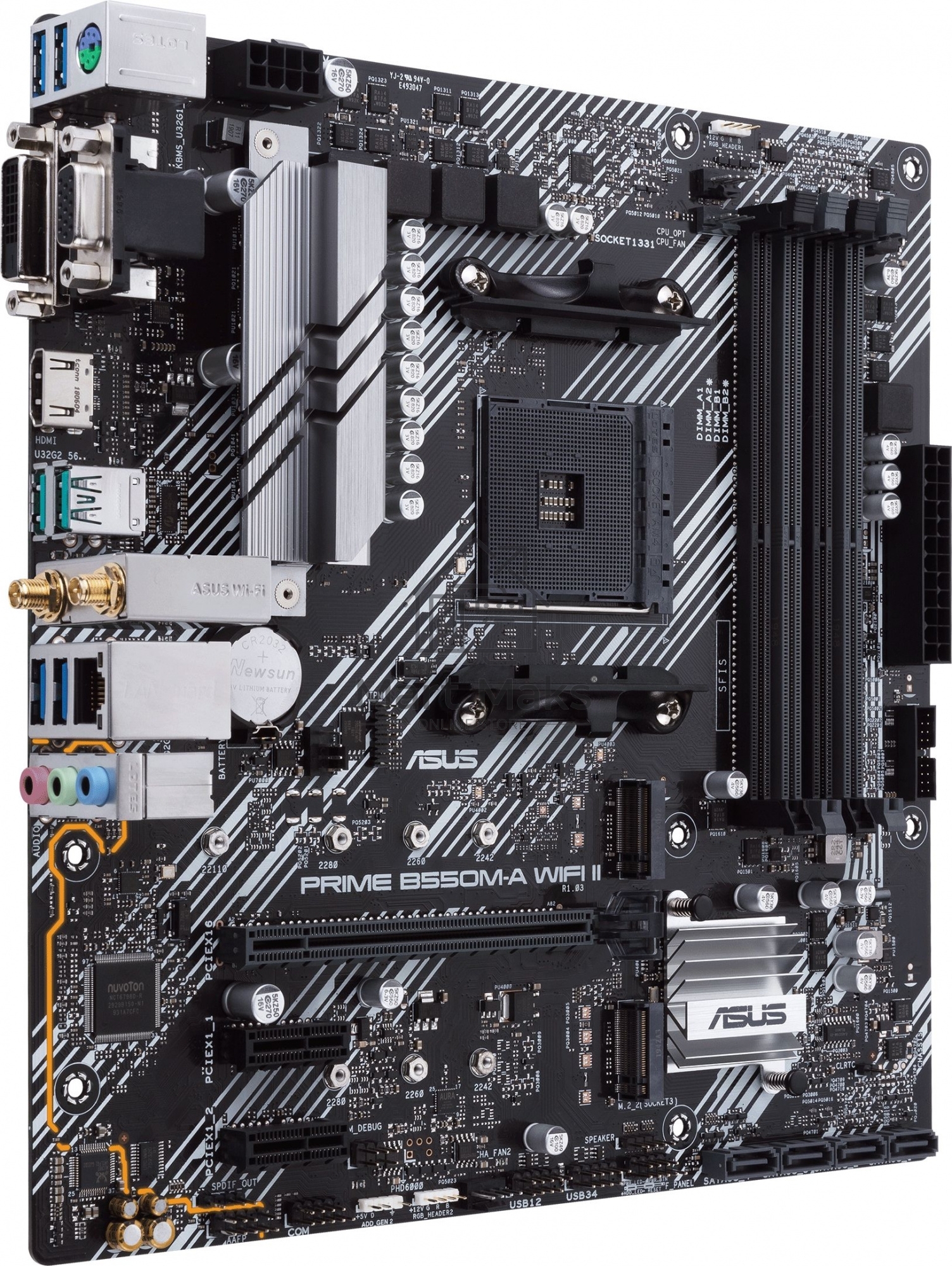 Материнская плата ASUS PRIME B550M-A WIFI II, AM4, AMD B550, 4xDDR4, 4xSATA, 2xM.2, 1xPCI-E 4.0 x16, 2xPCI-E x1, 1xDVI-D, 1xHDMI, 1xVGA, 1x 1Gb LAN, 2xUSB-A 3.2 Gen 2, 4xUSB-A 3.2 Gen 1, 3x3.5 мм, 7.1, Micro-ATX