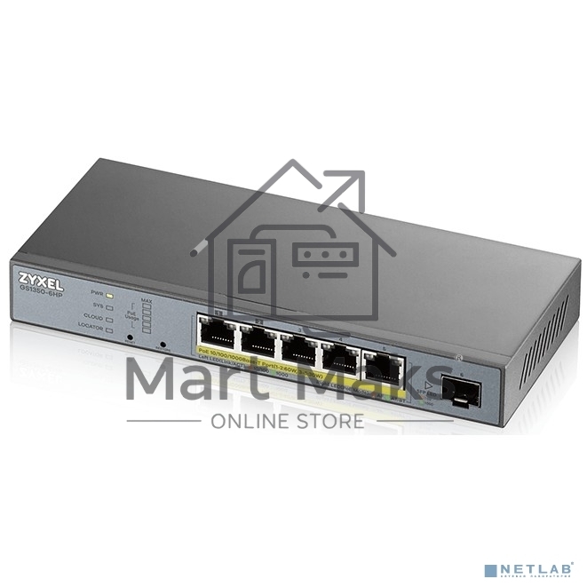 Коммутатор Zyxel GS1350-6HP, 4xGE PoE+, 1xGE PoE++ (802.3bt), 1xSFP, бюджет PoE 60 Вт, дальность передачи питания до 250 м, автоперезагрузка PoE-портов, повышенная защита от перенапряжений и электростатических р