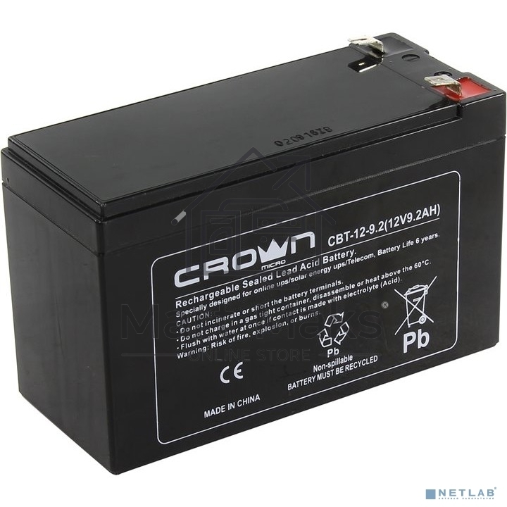 Батарея CROWN CBT-12-9.2 (12V 9.2Ah) F2 срок службы 5 лет