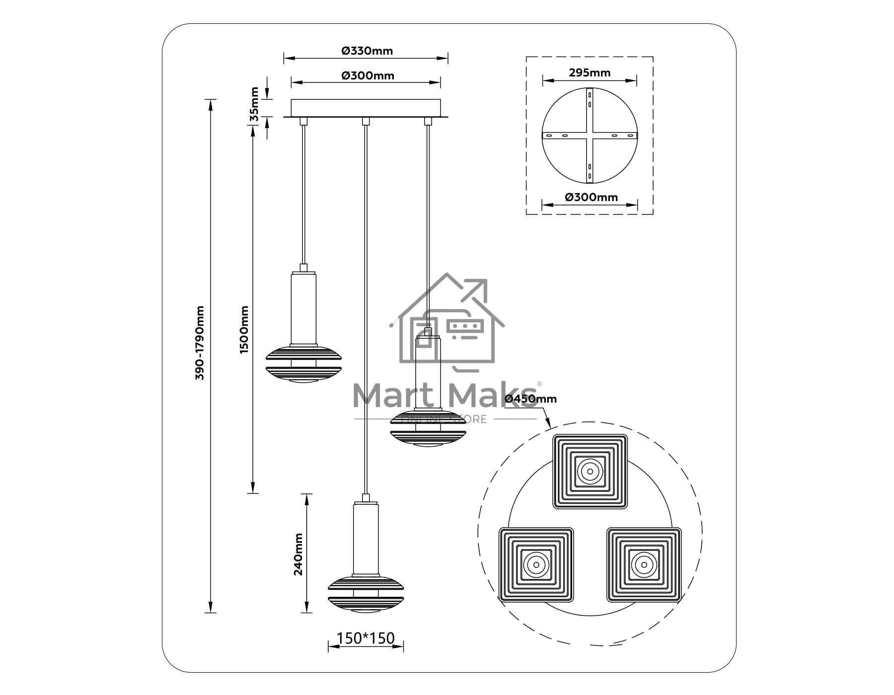 Подвесной светодиодный светильник Ambrella light LH31011/3 BS/TI латунь/янтарь 35W 3000K D450*1790