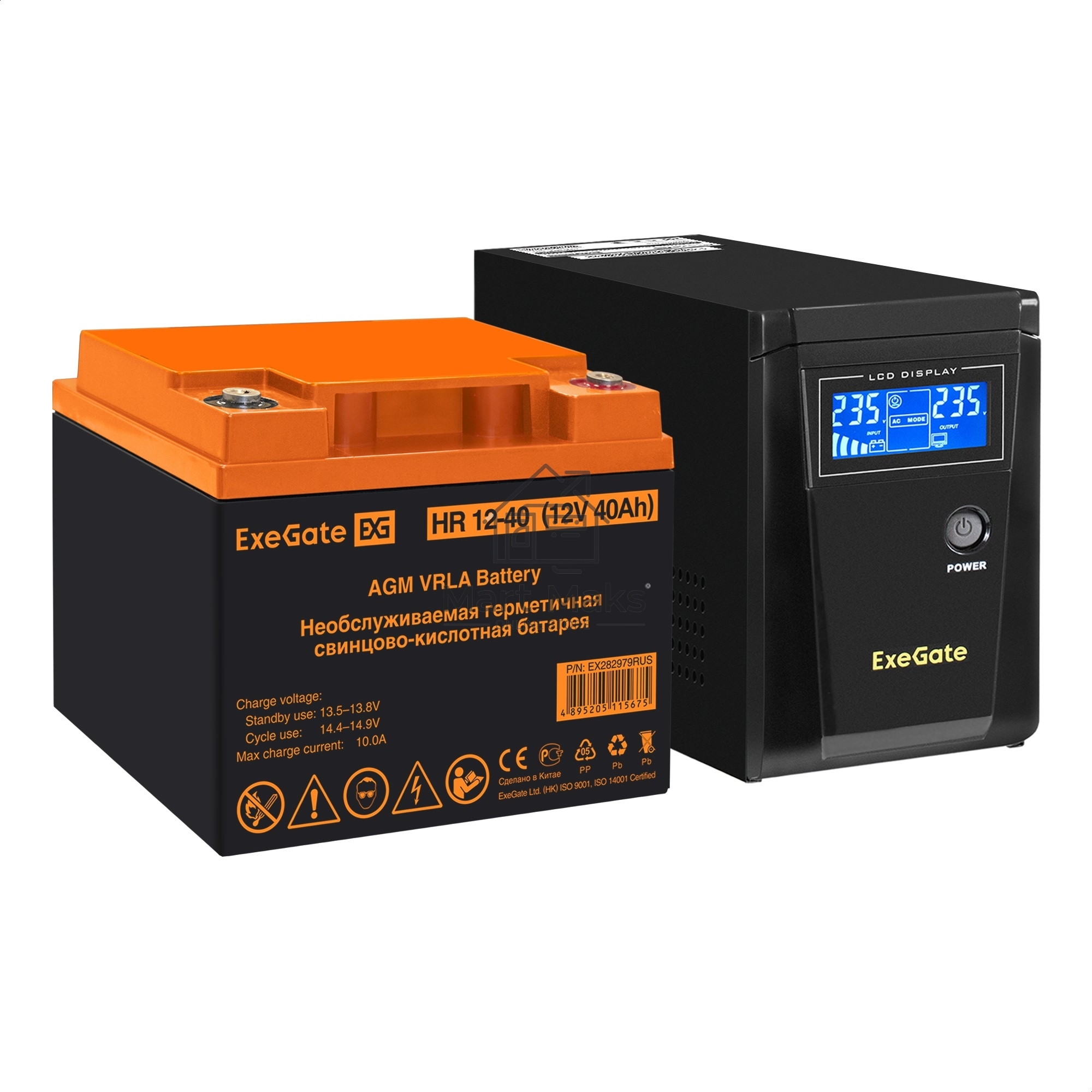 Комплект ИБП EX295986RUS + батарея 40Aч EX282979RUS 1шт (инвертор, синус, для котла) ExeGate SineTower SZ-600.LCD.AVR.1SH <600VA/360W, чистый синусоида, LCD дисплей, AVR, 1*Schuko, линейно-интерактивный, Black> + батарея ExeGate HR 12-40 (12В, 40Ач) 1шт