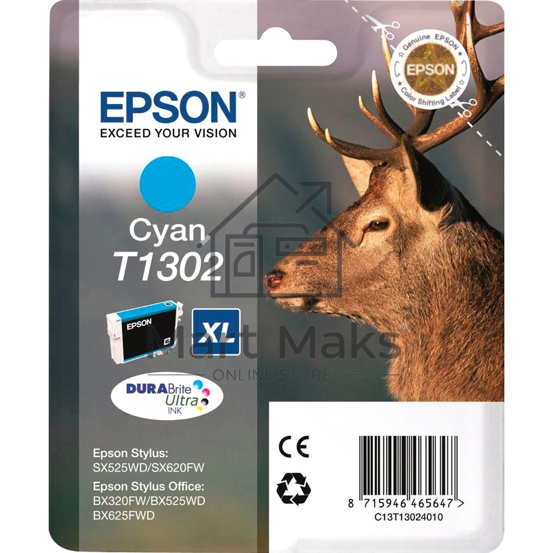 Картридж струйный Epson T1302 (C13T13024012/C13T13024010) голубой, 10.1 мл, для St SX525WD/SX535WD/St Of B42WD/BX320FW/BX625FWD/BX635FWD/WF-7015/7515/7525