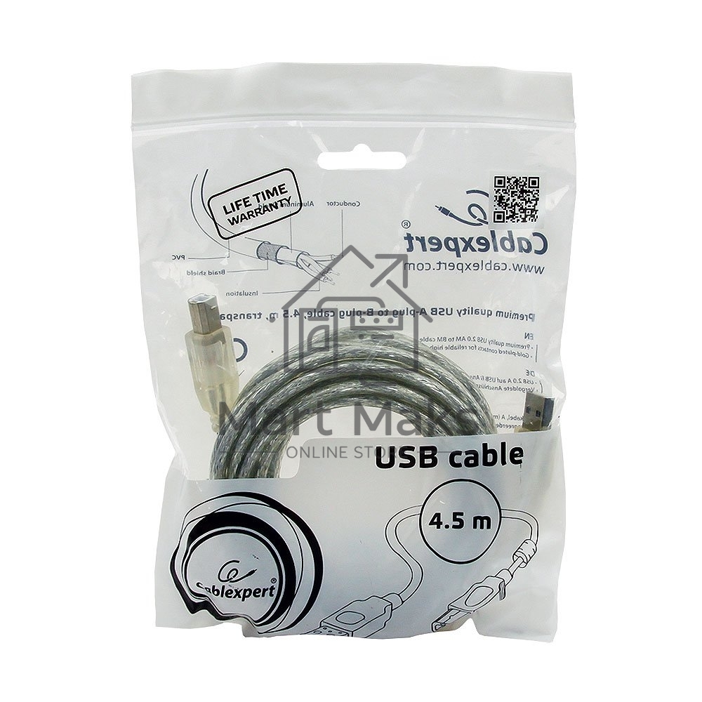 Кабель USB2.0 Cablexpert CCF-USB2-AMBM-TR-15, AM/BM, медь, двойн.экран, фер.кольцо, Pro, 4.5м, прозрач, пакет