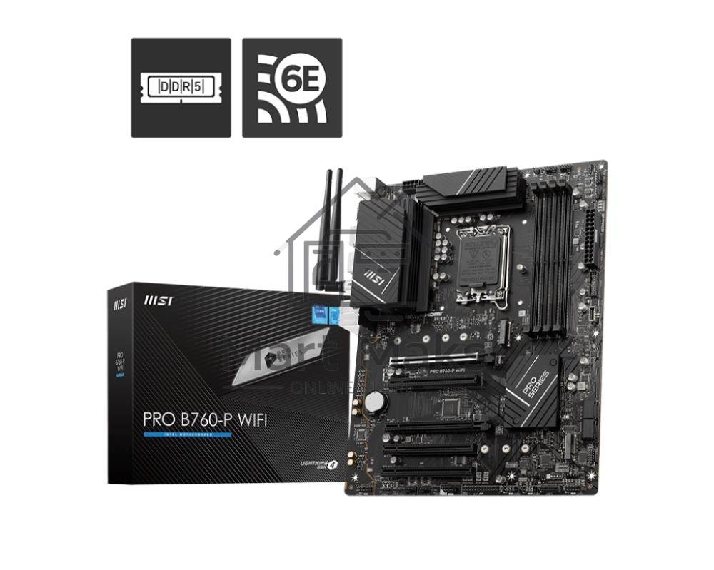 Материнская плата MSI PRO B760-P WIFI DDR4, LGA 1700, Intel B760, 4xDDR4, 4xSATA, 2xM.2, 1xPCIe 4.0 x16, 1xPCIe 4.0 x4, 3xPCIe 3.0 x1, 1xHDMI, 1xDP, 1xRJ45 2.5Gb, Wi-Fi 6E, Bluetooth 5.3, 1xUSB-C 3.2 Gen 2, 2xUSB-A 3.2 Gen 2, 4xUSB-A 2.0, 5x3.5мм, TOSLINK