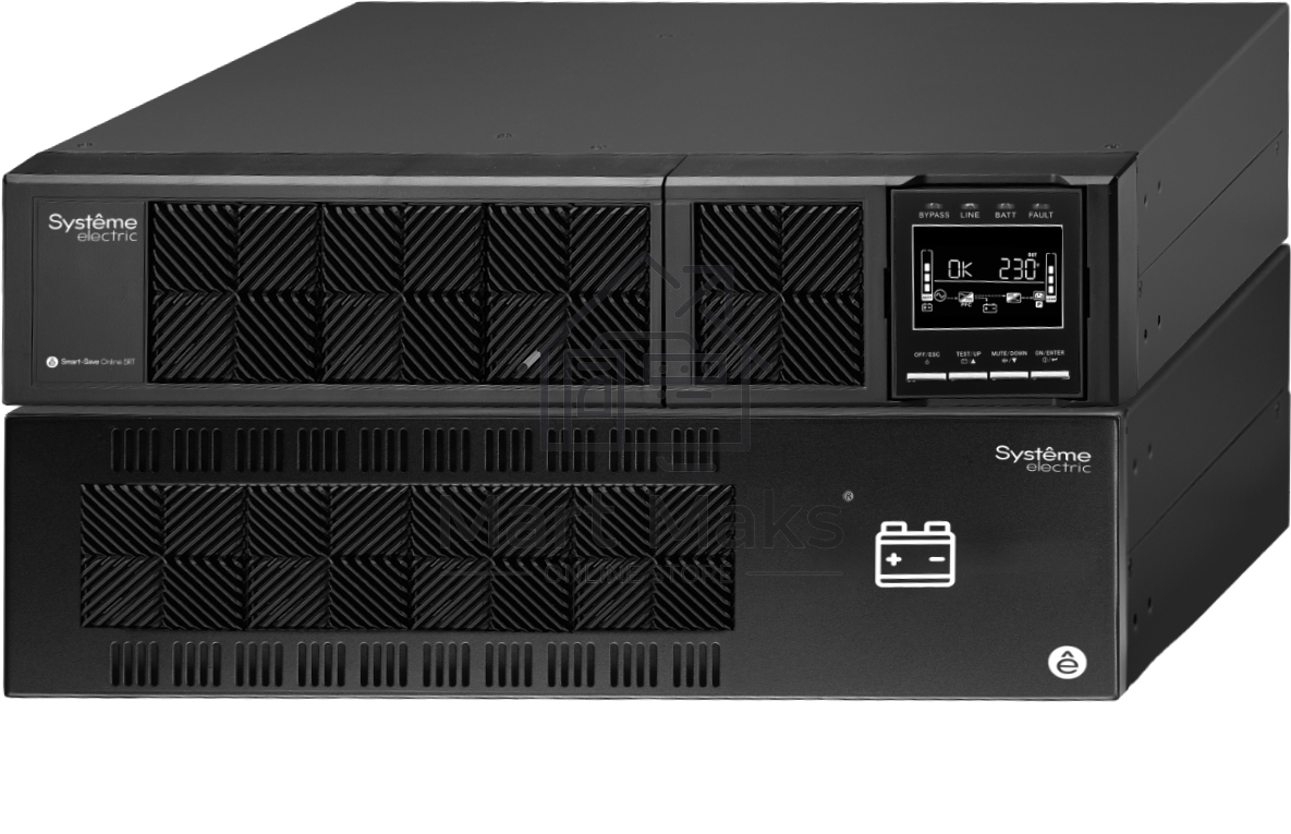 Источник бесперебойного питания Smart-Save Online SRT Systeme Electric 6000 ВА, конвертируемый форм-фактор 5U, 230 В, 1:1, клеммный вход/выход, SmartSlot, LCD, USB HID, SNMP карта, параллельное резервирование, версия с возможностью увеличения времени авто