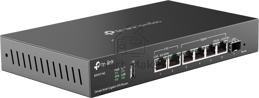 Маршрутизатор VPN TP-Link ER707-M2 Omada с мультигигабитными портами,1 x RJ45 WAN 2,5 Гбит/с, 1 x RJ45 WAN/LAN 2,5 Гбит/с, 1 x SFP WAN/LAN, 4 гиг. порта RJ45 WAN/LAN, 1 порт USB 2.0