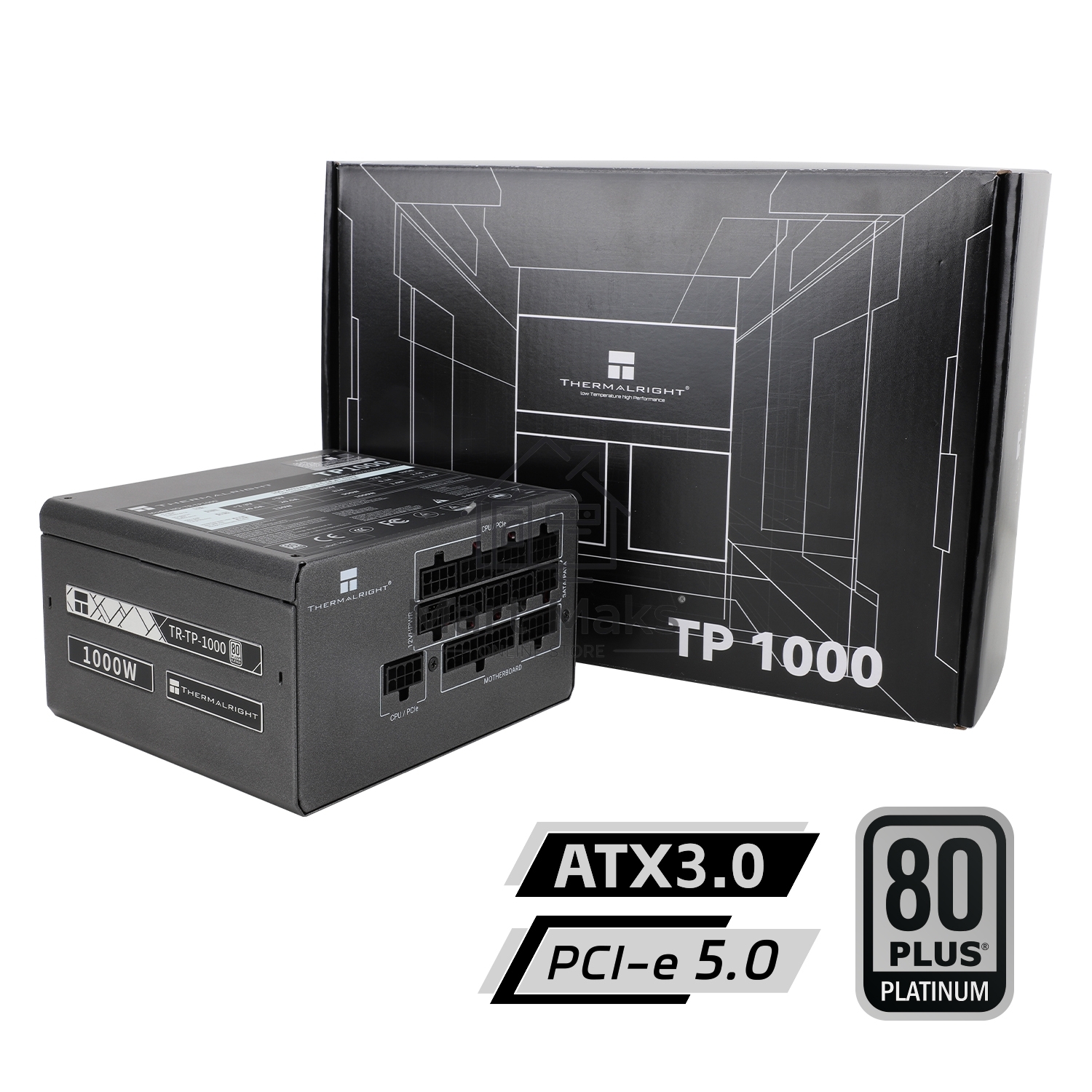 Блок питания Thermalright, 1000W 80+ Platinum (ATX, 3.0, PCIe 5.0, Full modular, 1x24(20+4)pin, 1xCPU 8(4+4)pin, 2xPCIe*2 8(6+2)pin, 1x12VHPWR PCIe 5.0 12+4pin 600mm, 6xSATA3, 4xMOLEX4pin, Active, 120x120mm, 150x140x86mm, APFC, OPP, OVP, OTP, OCP, SCP, UV