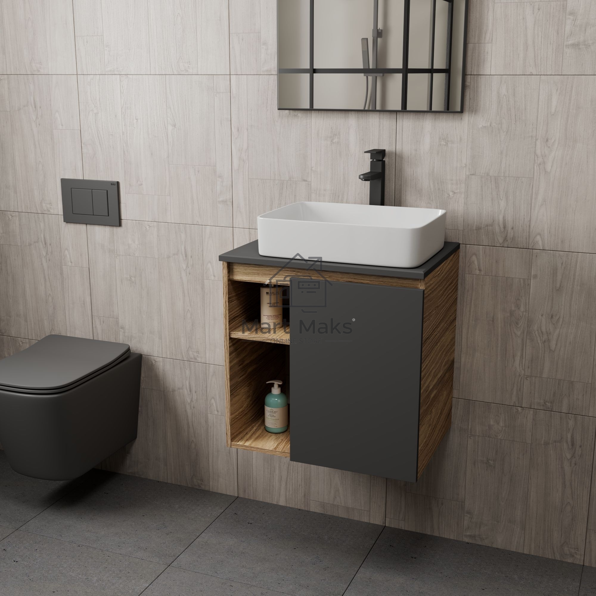 Тумба Bau Dream Blackwood 60 правая, графит, раковина BAU Hotel 48х37, смеситель для раковины высокий Hotel Black, черный