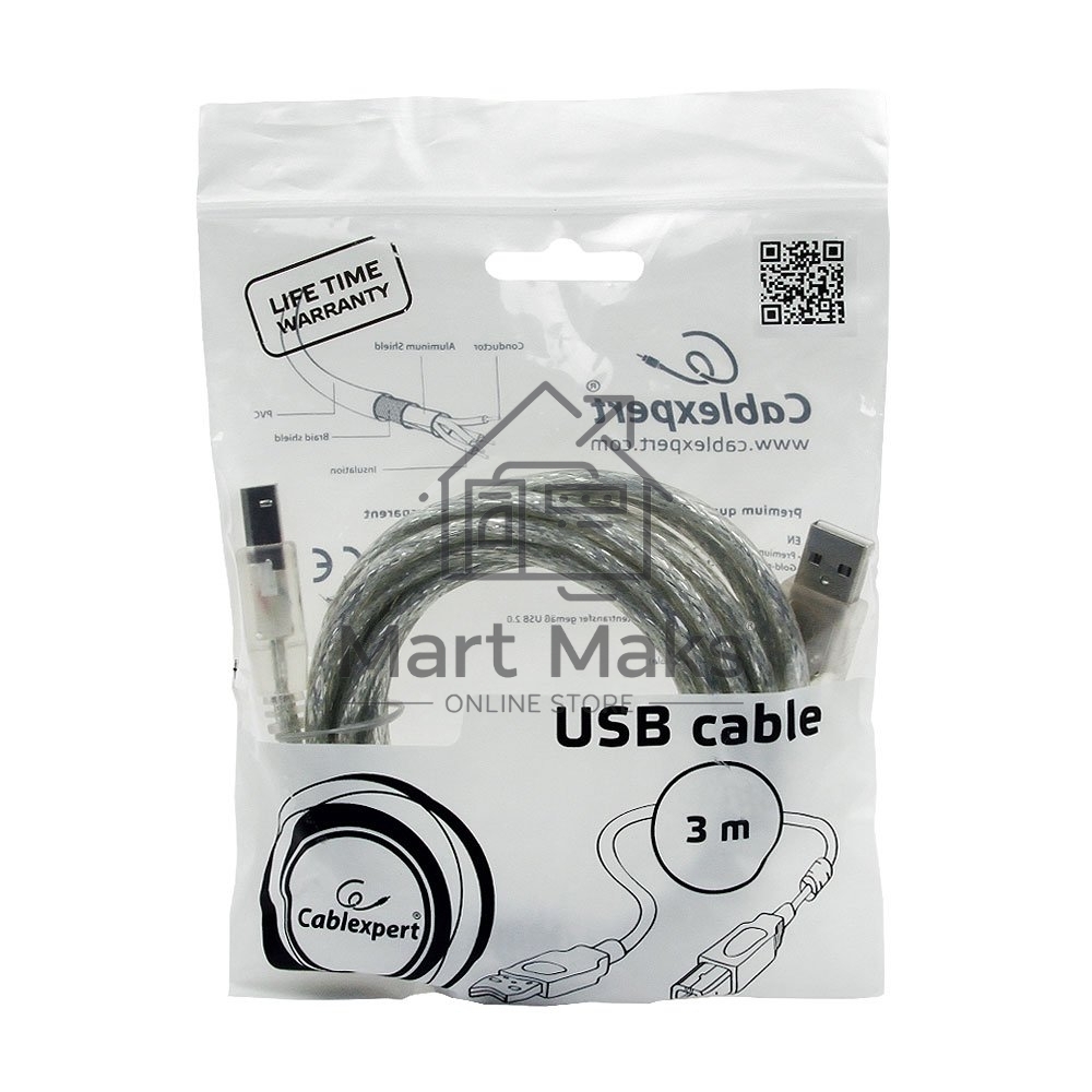 Кабель USB 2.0 Pro Cablexpert CCF-USB2-AMBM-TR-10, AM/BM, 3м, экран, феррит.кольца, прозрачный, пакет