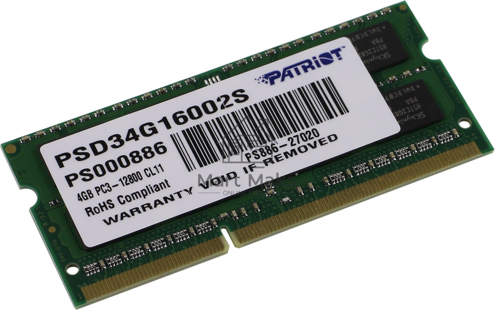 Оперативная память Patriot, DDR3, 4GB (1x4 GB), 1600 MHz, CL11, SO-DIMM