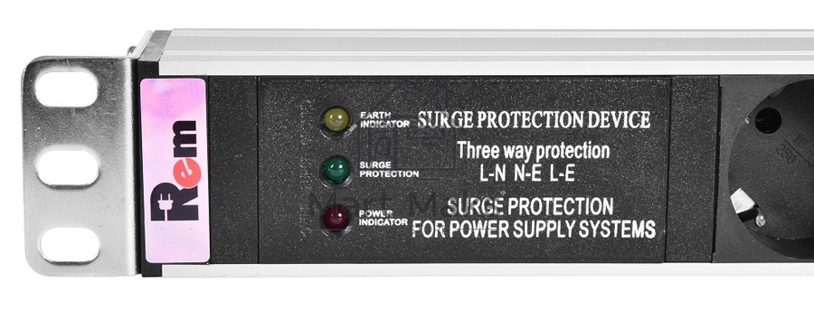 Блок розеток Rem-10 без шнура с фил. и инд., 7 Schuko, вход IEC 60320 C14, 10A, алюм., 19