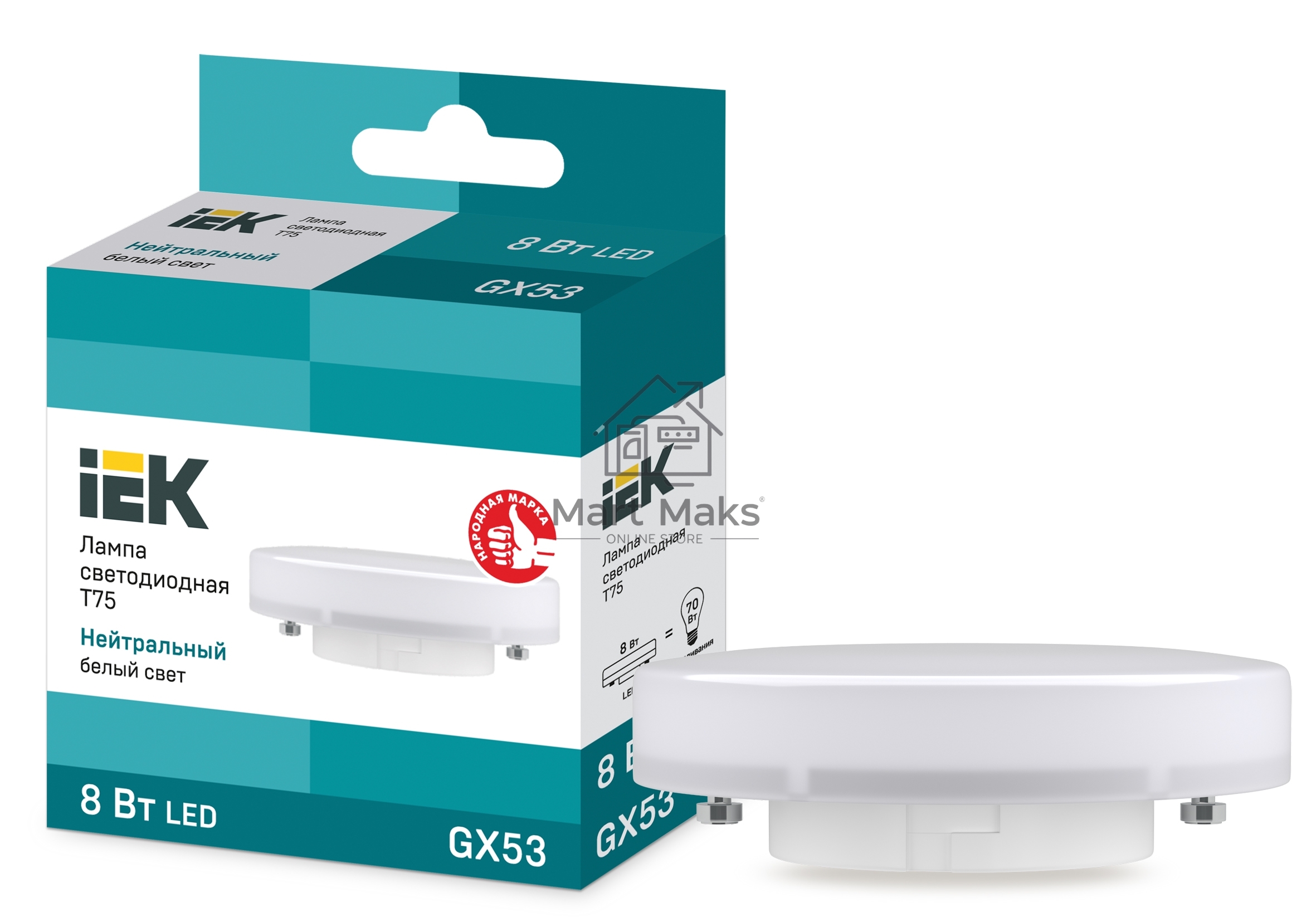 Лампа светодиодная Iek LLE-T80-8-230-40-GX53 ECO T75 таблетка 8Вт 230В 4000К GX53 IEK
