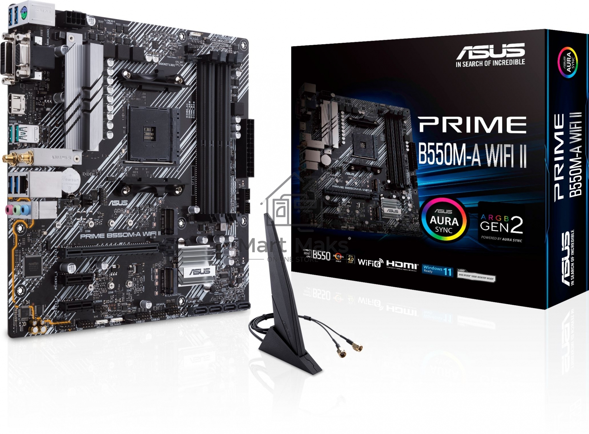 Материнская плата ASUS PRIME B550M-A WIFI II, AM4, AMD B550, 4xDDR4, 4xSATA, 2xM.2, 1xPCI-E 4.0 x16, 2xPCI-E x1, 1xDVI-D, 1xHDMI, 1xVGA, 1x 1Gb LAN, 2xUSB-A 3.2 Gen 2, 4xUSB-A 3.2 Gen 1, 3x3.5 мм, 7.1, Micro-ATX