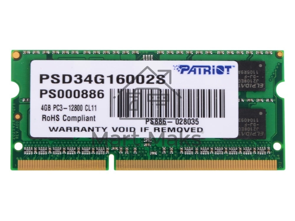 Оперативная память Patriot, DDR3, 4GB (1x4 GB), 1600 MHz, CL11, SO-DIMM