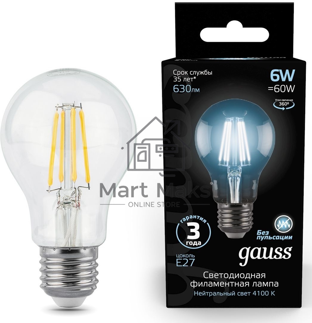 Лампа светодиодная GAUSS 102802206LED Filament А60 Е27 6Вт 4100к 1/10/40