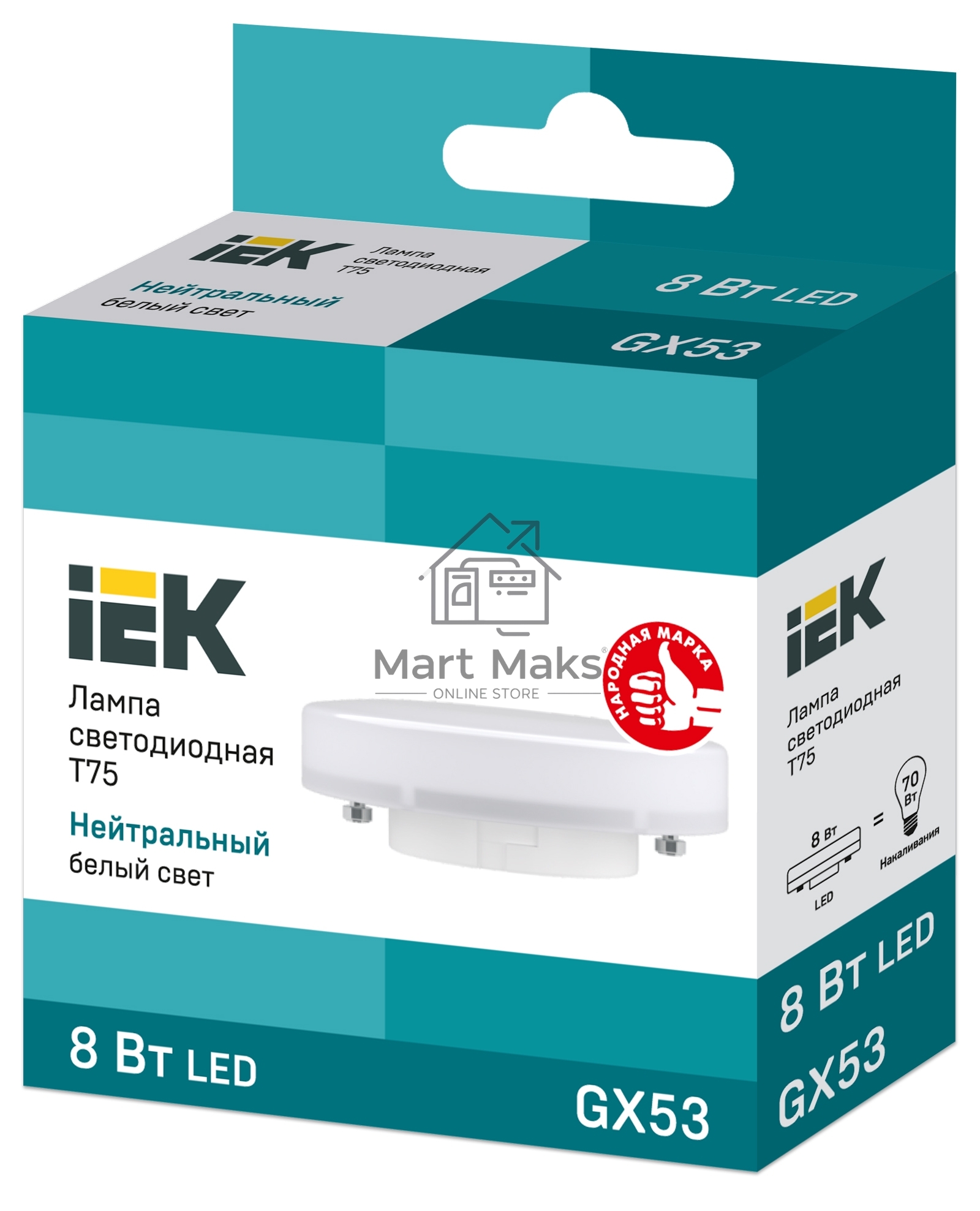Лампа светодиодная Iek LLE-T80-8-230-40-GX53 ECO T75 таблетка 8Вт 230В 4000К GX53 IEK
