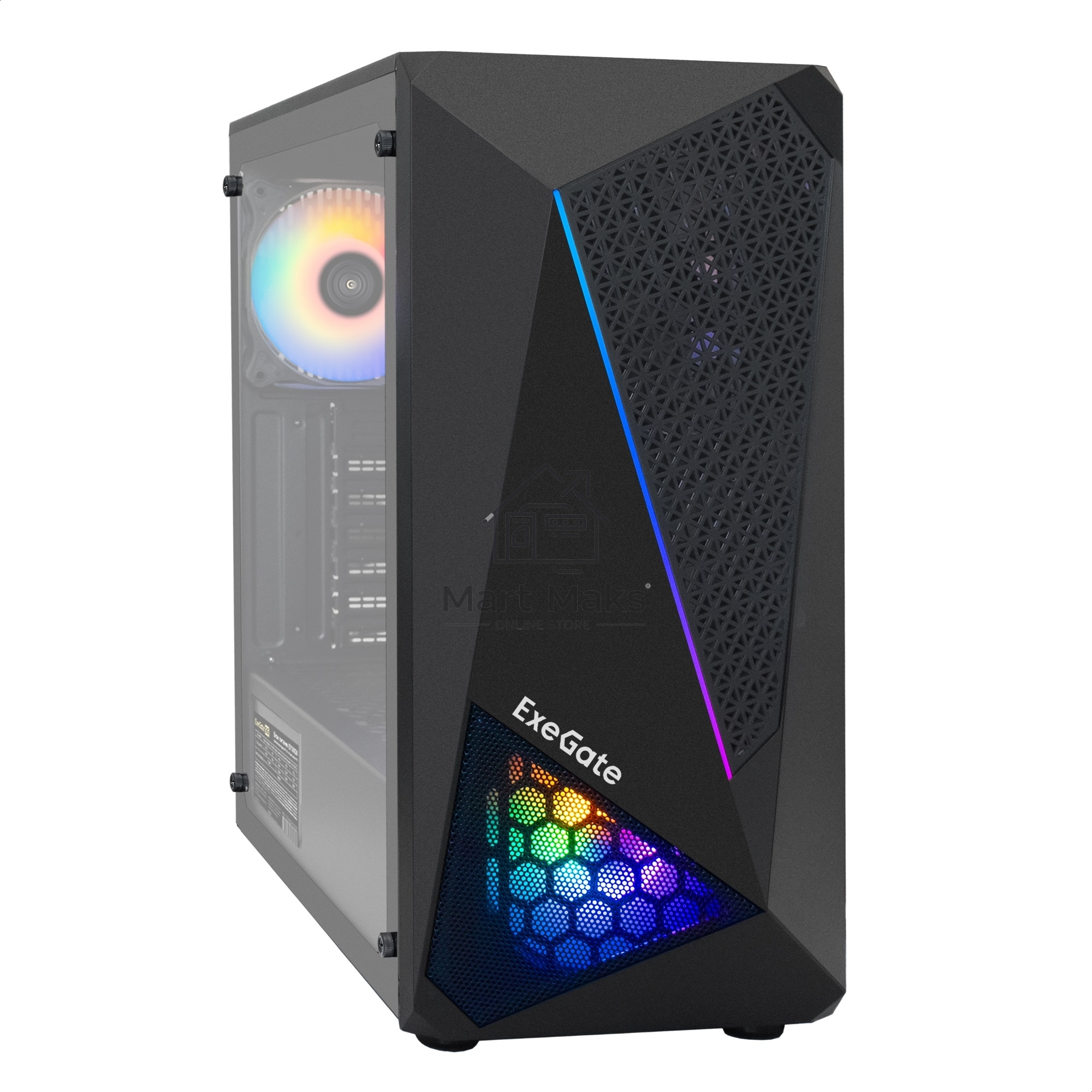 Компьютерный корпус Miditower ExeGate EVO-8225-EVO800 (ATX, БП EVO800RGb с вент. 12см, 2*USB+1*USB 3.0, черный, 2 вент. с RGb подсветкой и полоса на передней панели, боковая панель - закаленное стекло)