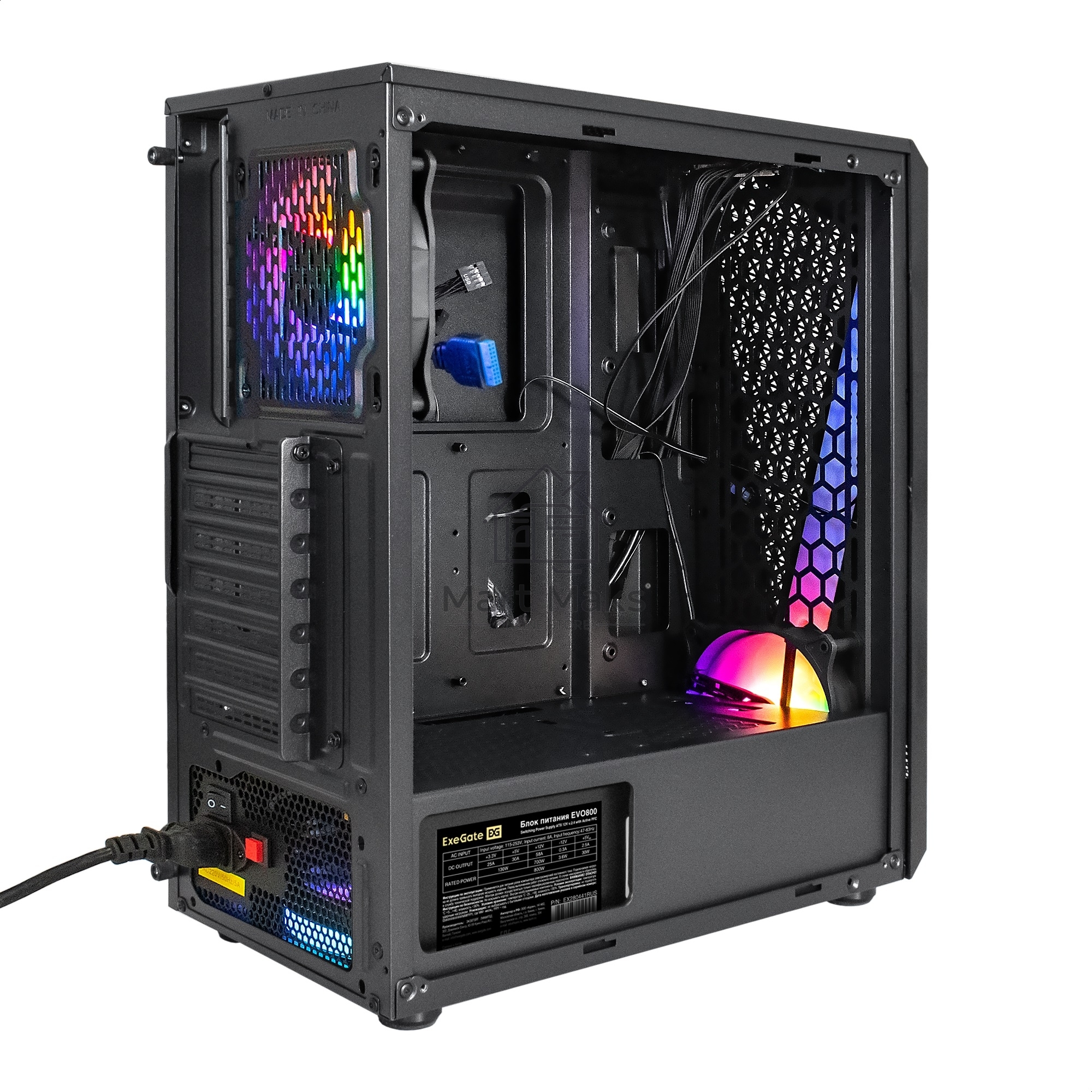Компьютерный корпус Miditower ExeGate EVO-8225-EVO800 (ATX, БП EVO800RGb с вент. 12см, 2*USB+1*USB 3.0, черный, 2 вент. с RGb подсветкой и полоса на передней панели, боковая панель - закаленное стекло)