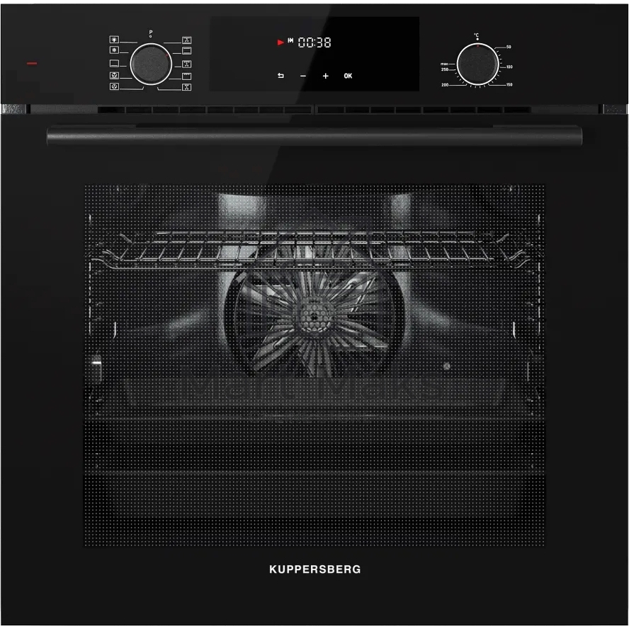 Встраиваемый духовой шкаф Kuppersberg HF 609 B, High-Tech, объем 80 л, 10 режимов работы, телескопические направляющие, цифровой таймер, 2 стекла в дверце, утапливаемые переключатели, энергоэффективность А, черный