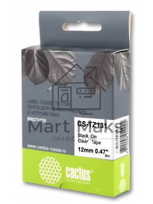 Картридж ленточный Cactus CS-TZ131 черный 12мм, черный шрифт, прозрачный фон, 8м для Brother 1010/1280/1830VP/7600VP