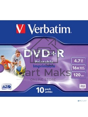 Диск DVD+R Verbatim 4.7Gb 16x Jewel case (10шт) Printable (43508)